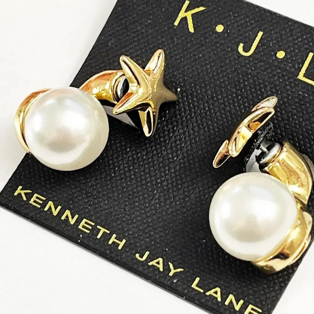 NEW Kenneth Jay Lane KJL Star Pearl Drop Pierced Earrings